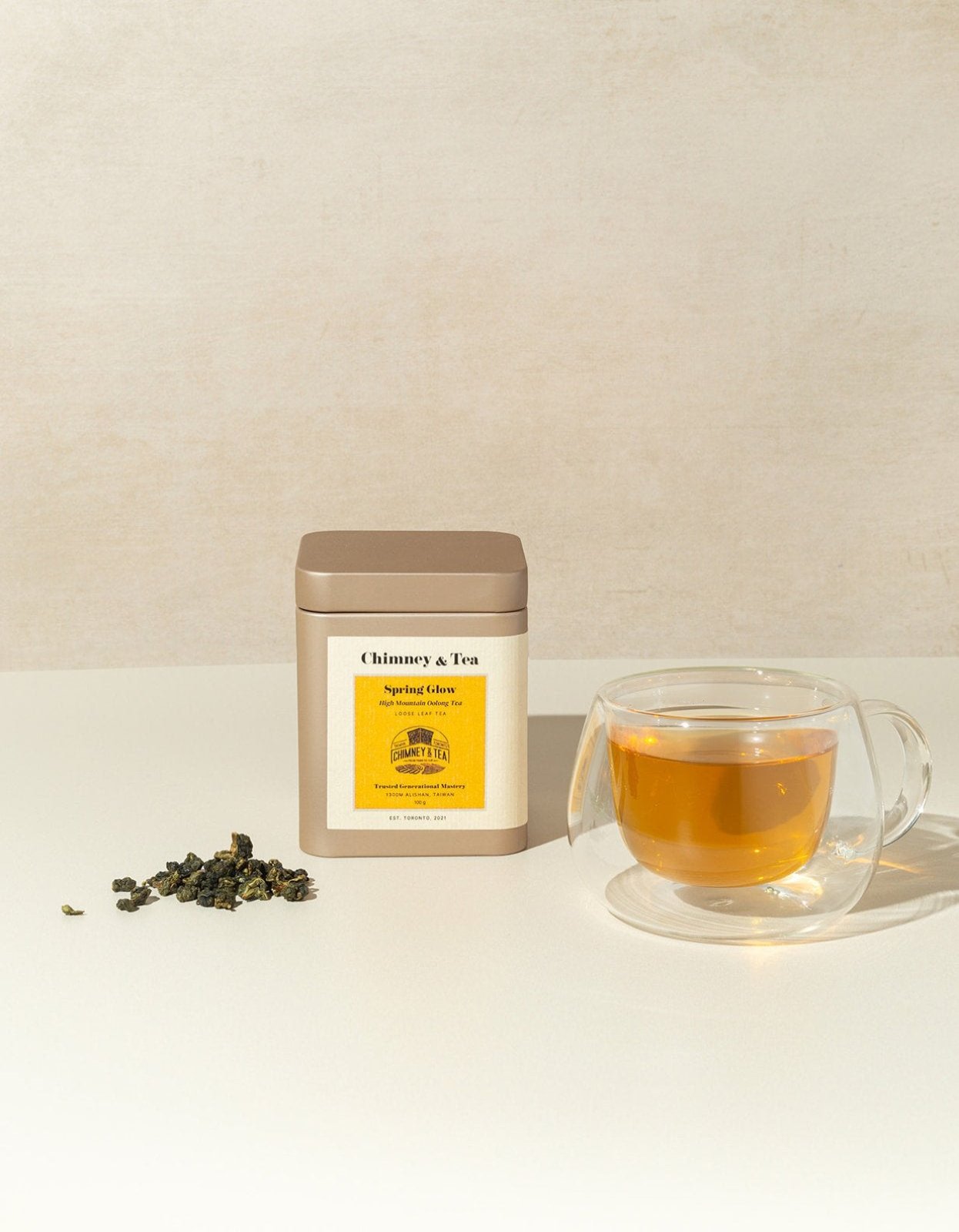 Chimney & Tea Spring Glow High Mountain Oolong Tea tin packaging