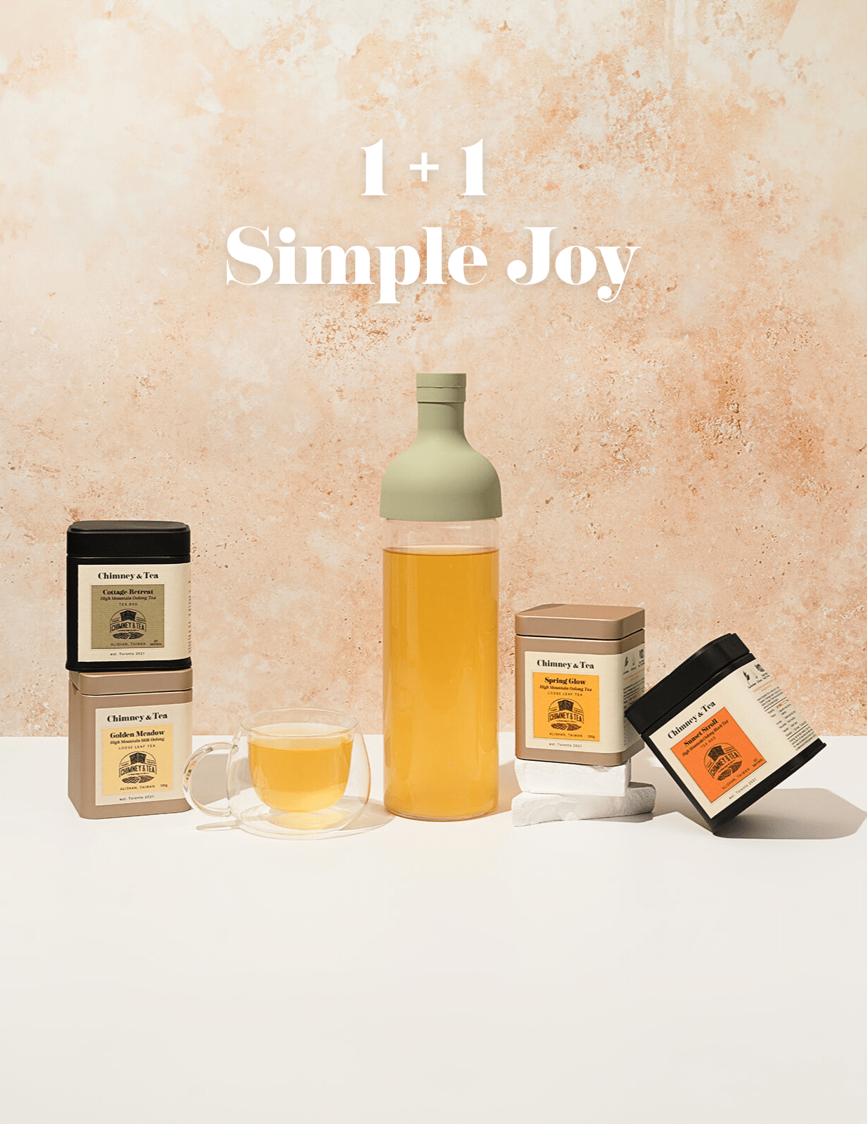 Tea bottle, tea packaging, and a cup on a light background with '1 + 1 Simple Joy' text.