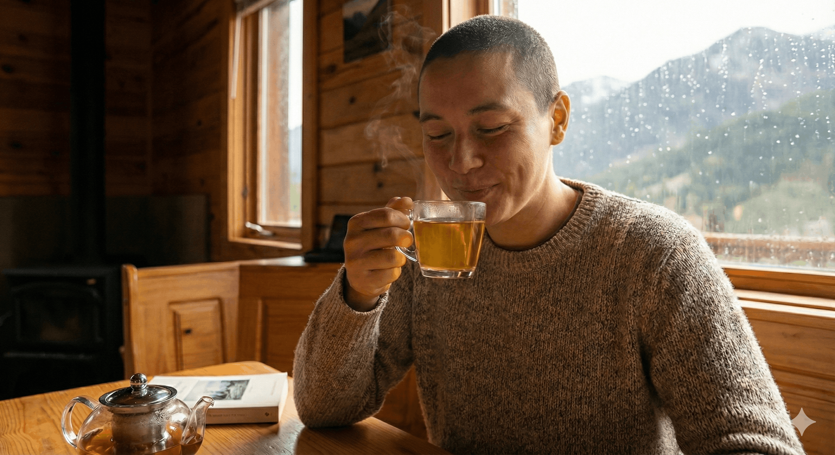 Person enjoying a cup of tea in a cozy cabin with mountain views.