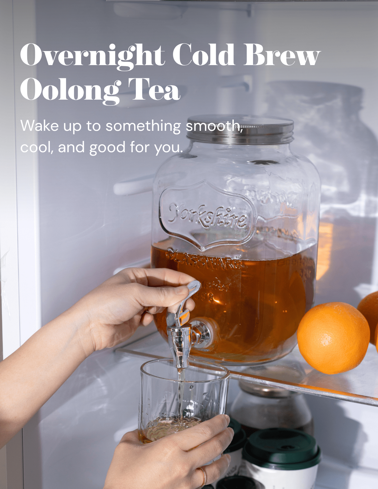 Cold_Brew_Oolong_Tea_-_Lifestyle_-_Pour_Tea_from_Dispenser in the Fridge